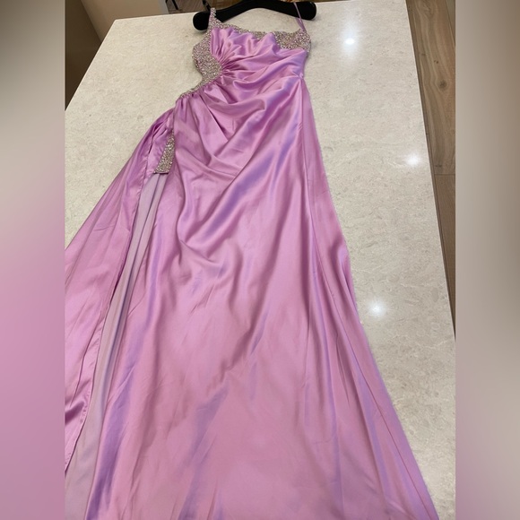 Mac Duggal 68447 Ruched One Shoulder Side Cutout Embellished Satin Gown Lilac 2 - Picture 10 of 14